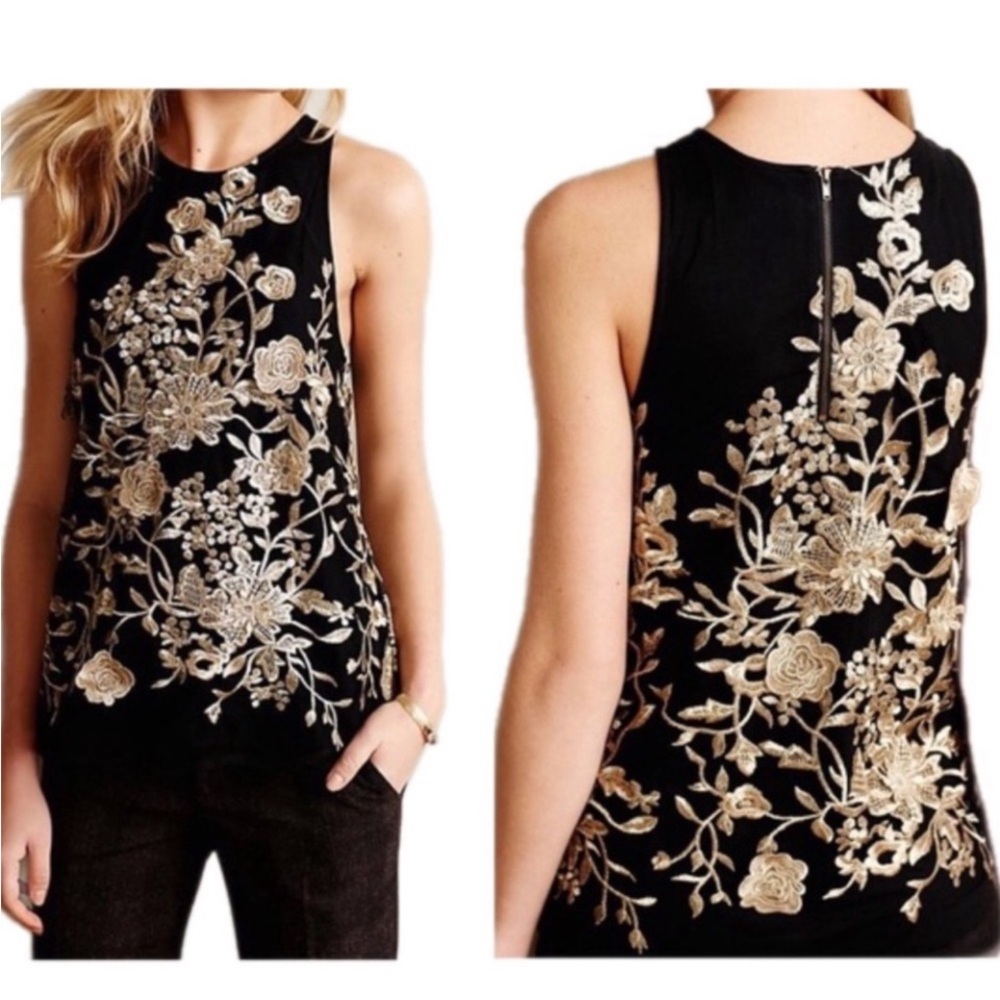 ANTHROPOLOGIE Sunday In Brooklyn Blouse XS | Black & Gold Sleeveless Floral Top - Picture 2 of 9